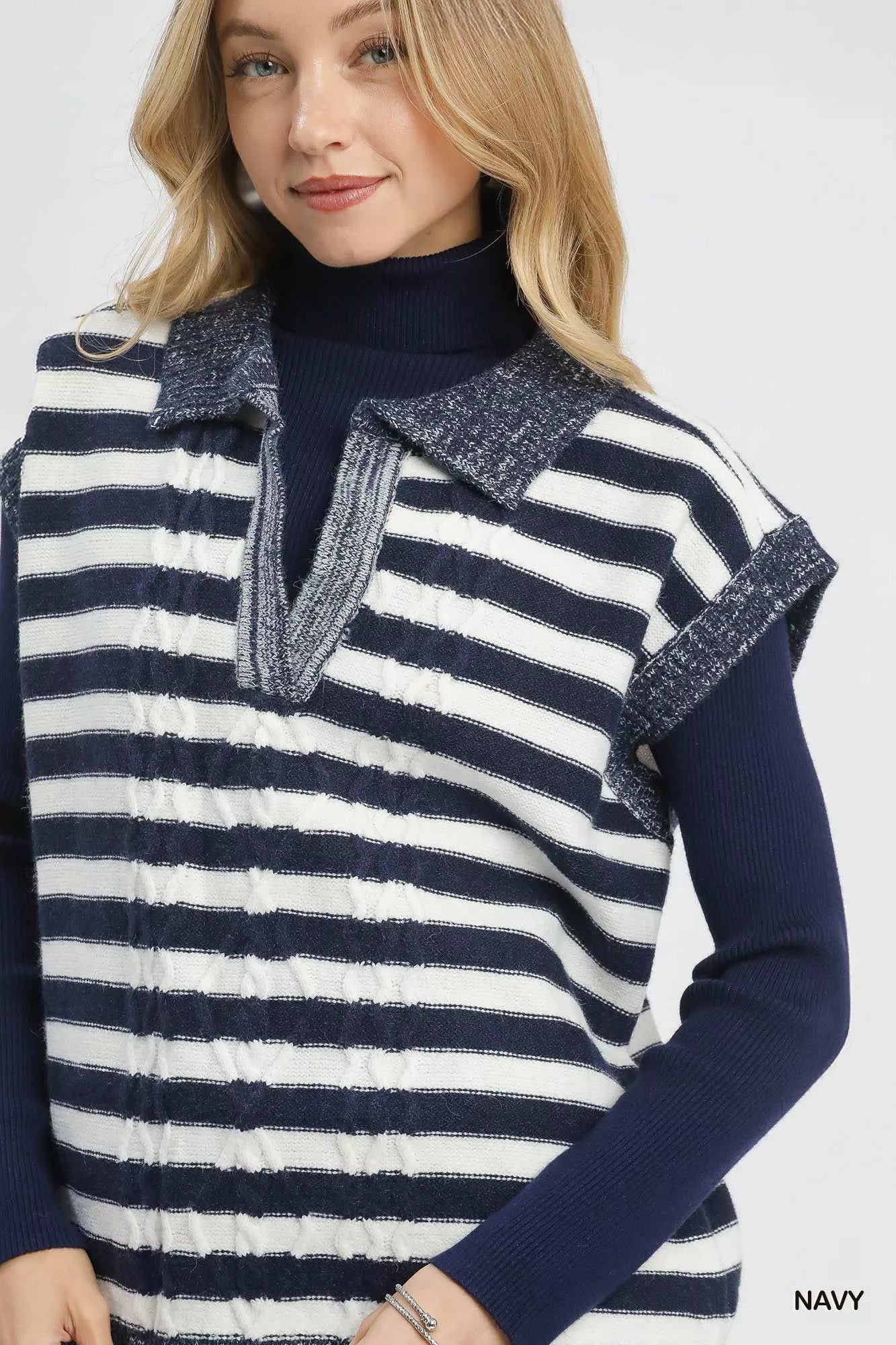 Umgee Cable Knit Collared Striped Vest Sweater - Tigbul's Variety Fashion Shop