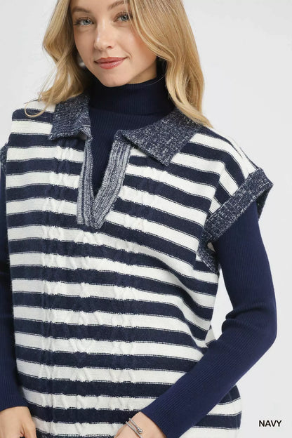 Umgee Cable Knit Collared Striped Vest Sweater - Tigbul's Variety Fashion Shop