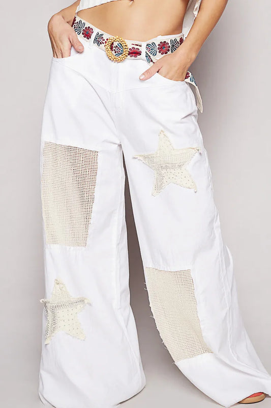 POL Raw Hem Star Patch Wide Leg Pants - Tigbul's Variety Fashion Shop