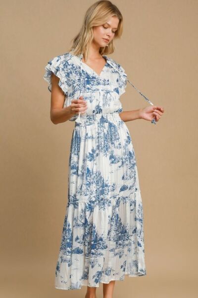 Sky Blue Two Tone Landscape Print Midi Dress - Tigbul's Variety Fashion Shop