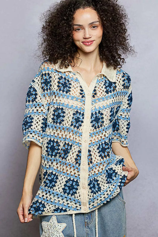 POL Openwork Short Sleeve Crochet Shirt with Border Accents - Tigbul's Variety Fashion Shop