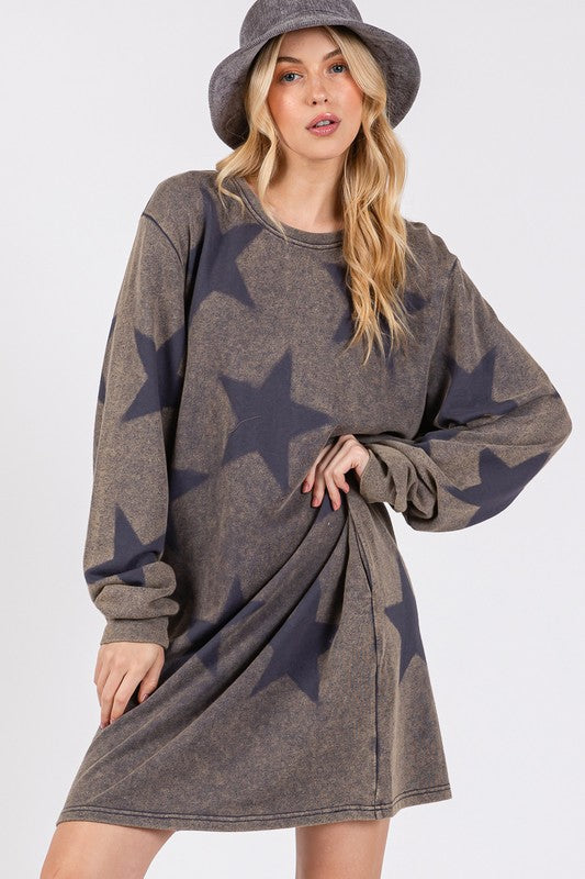 SAGE + FIG Washed Star Print Round Neck Dress - Tigbul's Variety Fashion Shop