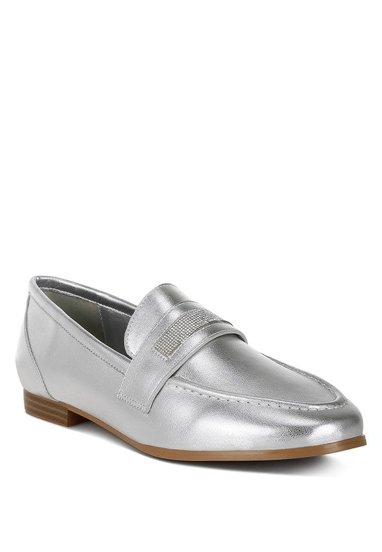 Silver metallic loafer with rhinestone strap and rounded toe