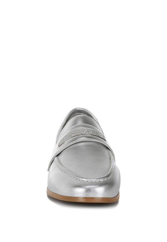Silver metallic loafer back view with stacked low heel