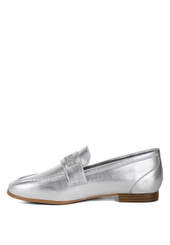 Silver metallic loafer front-left angle with rhinestone strap