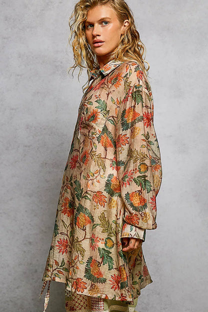 POL Metal Button Down Floral Long Sleeve Shirt - Tigbul's Variety Fashion Shop