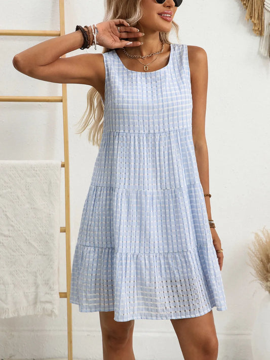 Plaid Round Neck Sleeveless Mini Dress - Tigbul's Variety Fashion Shop
