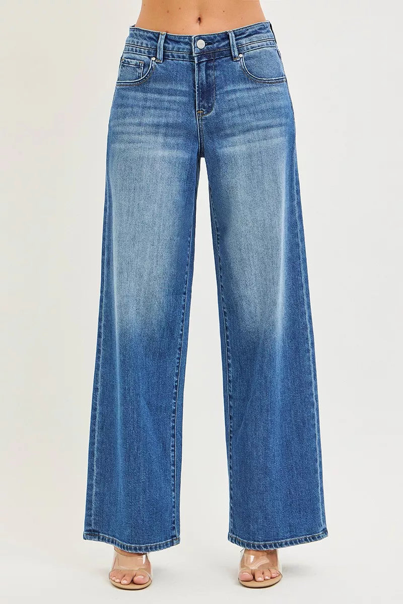 Medium wash blue straight-wide jeans with faded wash, front yoke and button fly