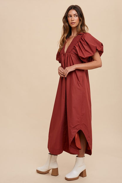 Annie Wear Smocked Puff Sleeve Midi Dress - Tigbul's Variety Fashion Shop