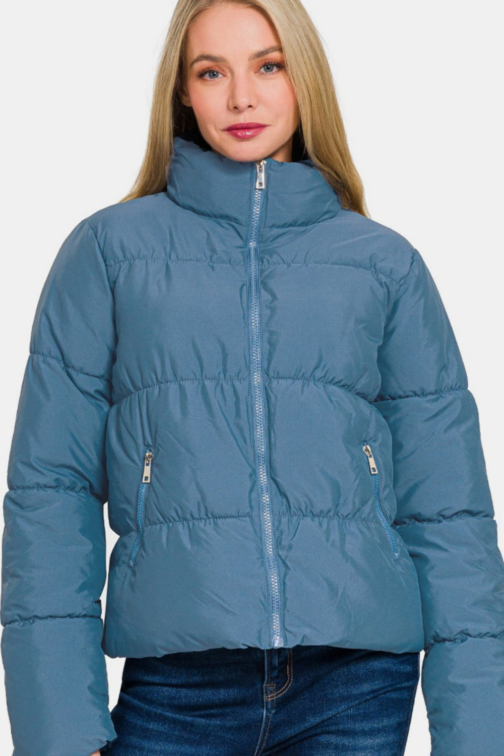 Dusty Blue Zip Up Turtleneck Puffer Jacket with Pockets - Tigbul's Variety Fashion Shop