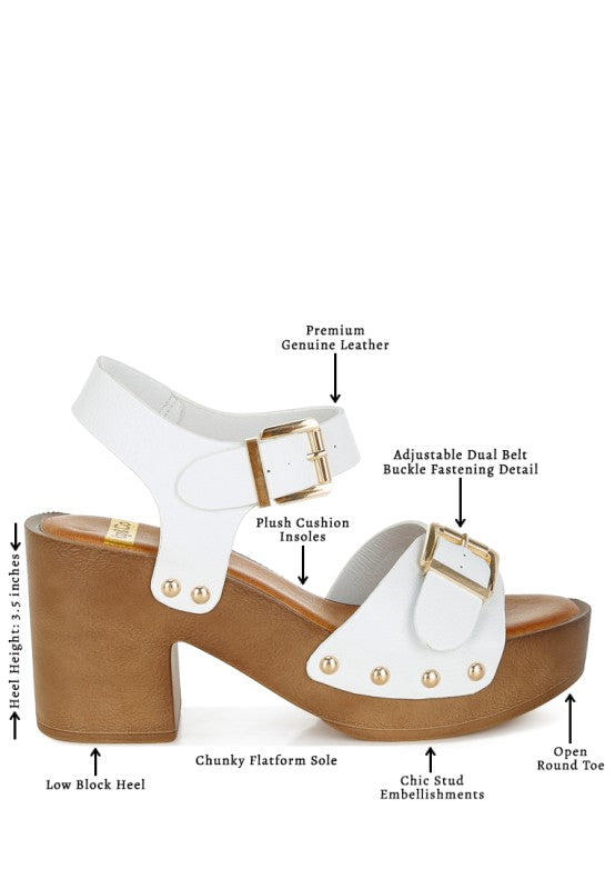 White leather platform clog sandals with adjustable dual buckle and stud accents