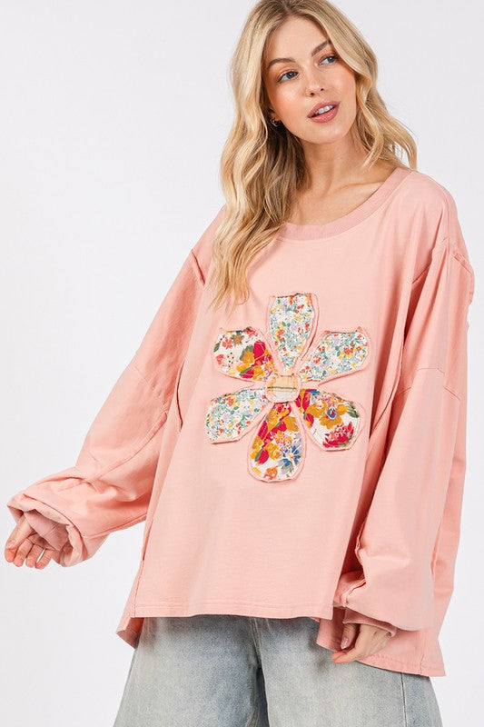 Pink Flower Patch Dropped Shoulder Oversize Top - Tigbul's Variety Fashion Shop