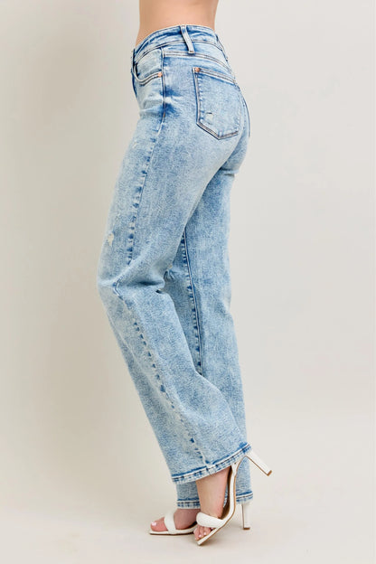 Judy Blue High Waist Mineral Wash Distressed 90's Straight Jeans - Tigbul's Variety Fashion Shop