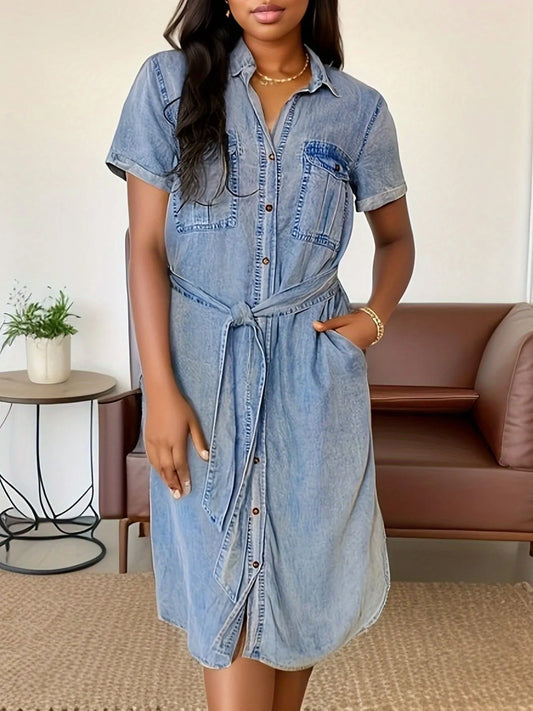 Button Front Short Sleeve Denim Dress - Tigbul's Variety Fashion Shop