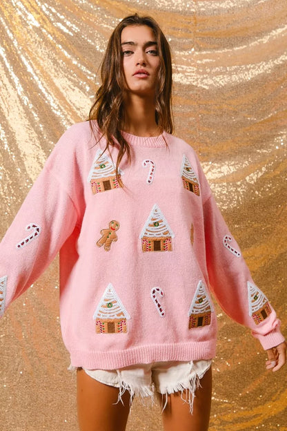 Light Pink Christmas Theme Patches Sweater | Tigbuls