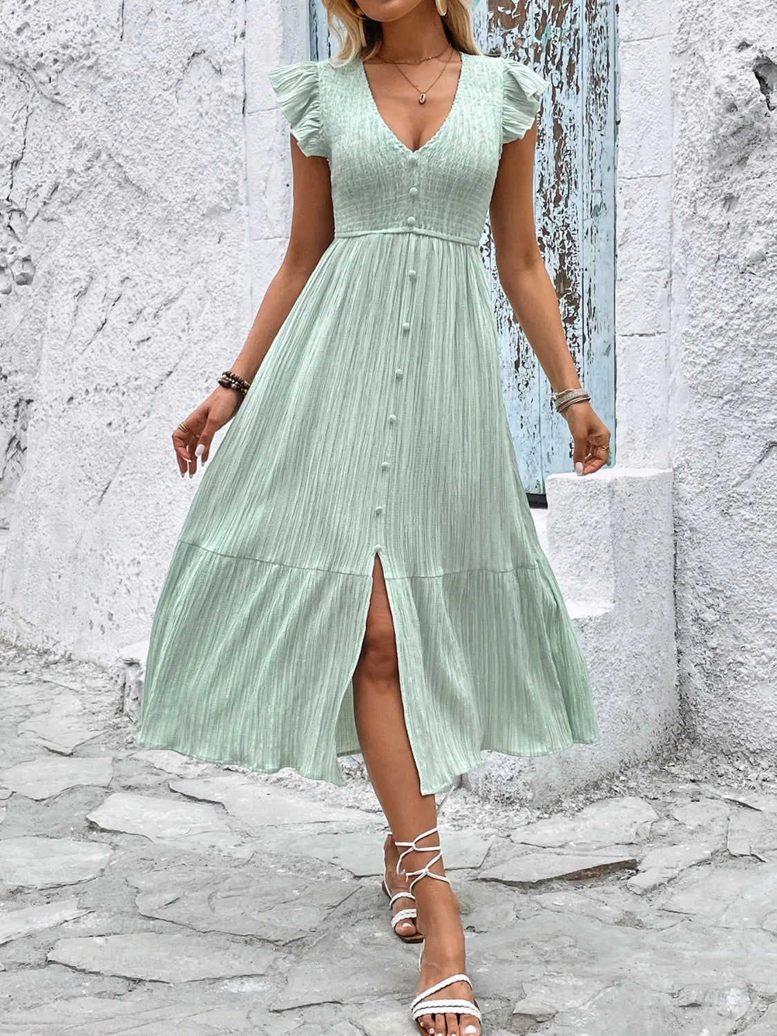V-Neck Ruffled Cap Sleeve Dress - Tigbul's Variety Fashion Shop