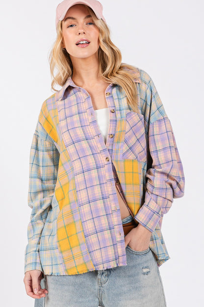 SAGE + FIG Button Up Raw Hem  Plaid Flannel Shirt - Tigbul's Variety Fashion Shop