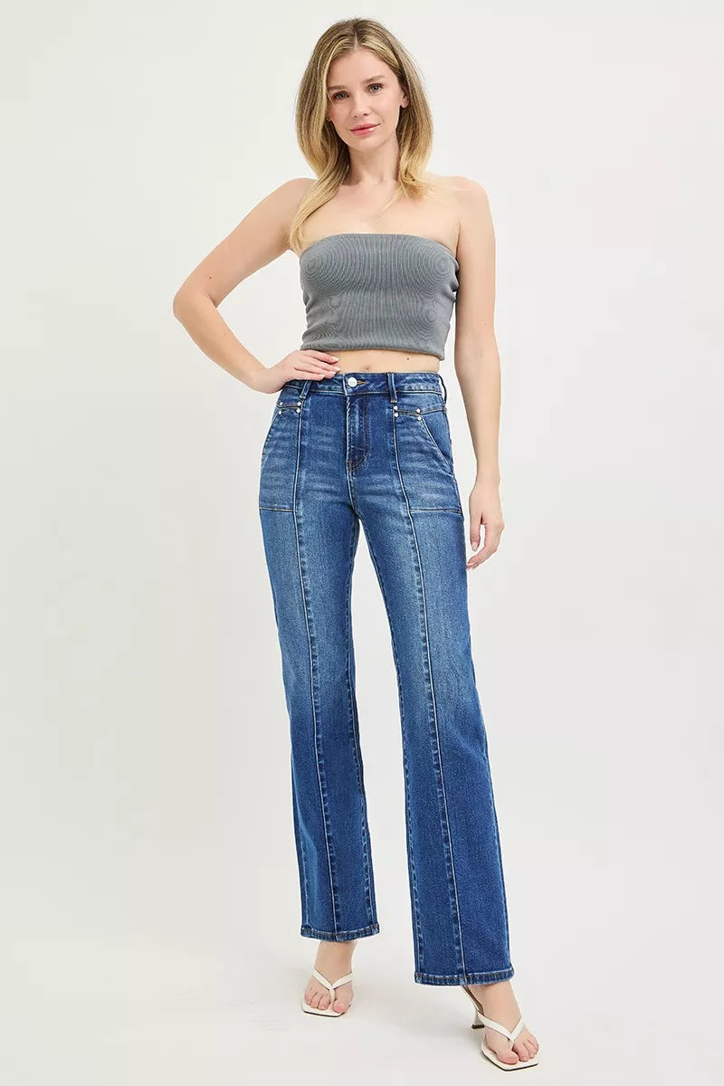 Trendsi dark high-rise straight jeans with patch pockets and straight cropped leg