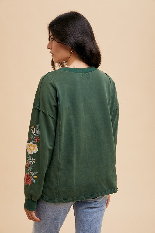 Annie Wear Embroidered Long Sleeve French Terry Top - Tigbul's Variety Fashion Shop