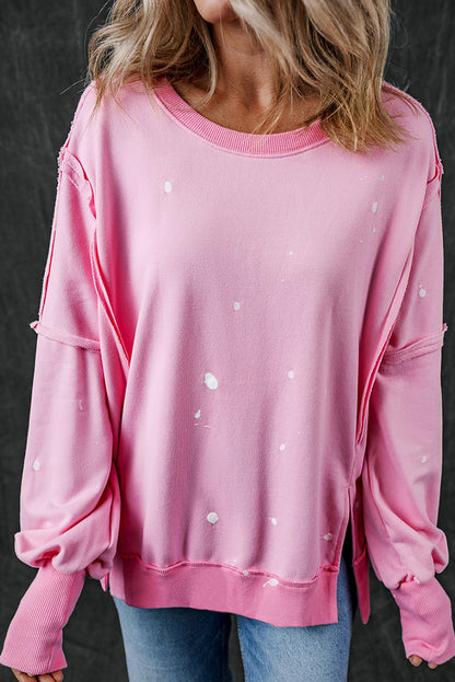 Exposed Seam Splatter Print Round Neck Sweatshirt - Tigbul's Variety Fashion Shop