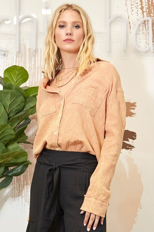 WASHING WRINKLED GAUZE BUTTON DOWN SHIRT WITH ROUG - Tigbul's Variety Fashion Shop