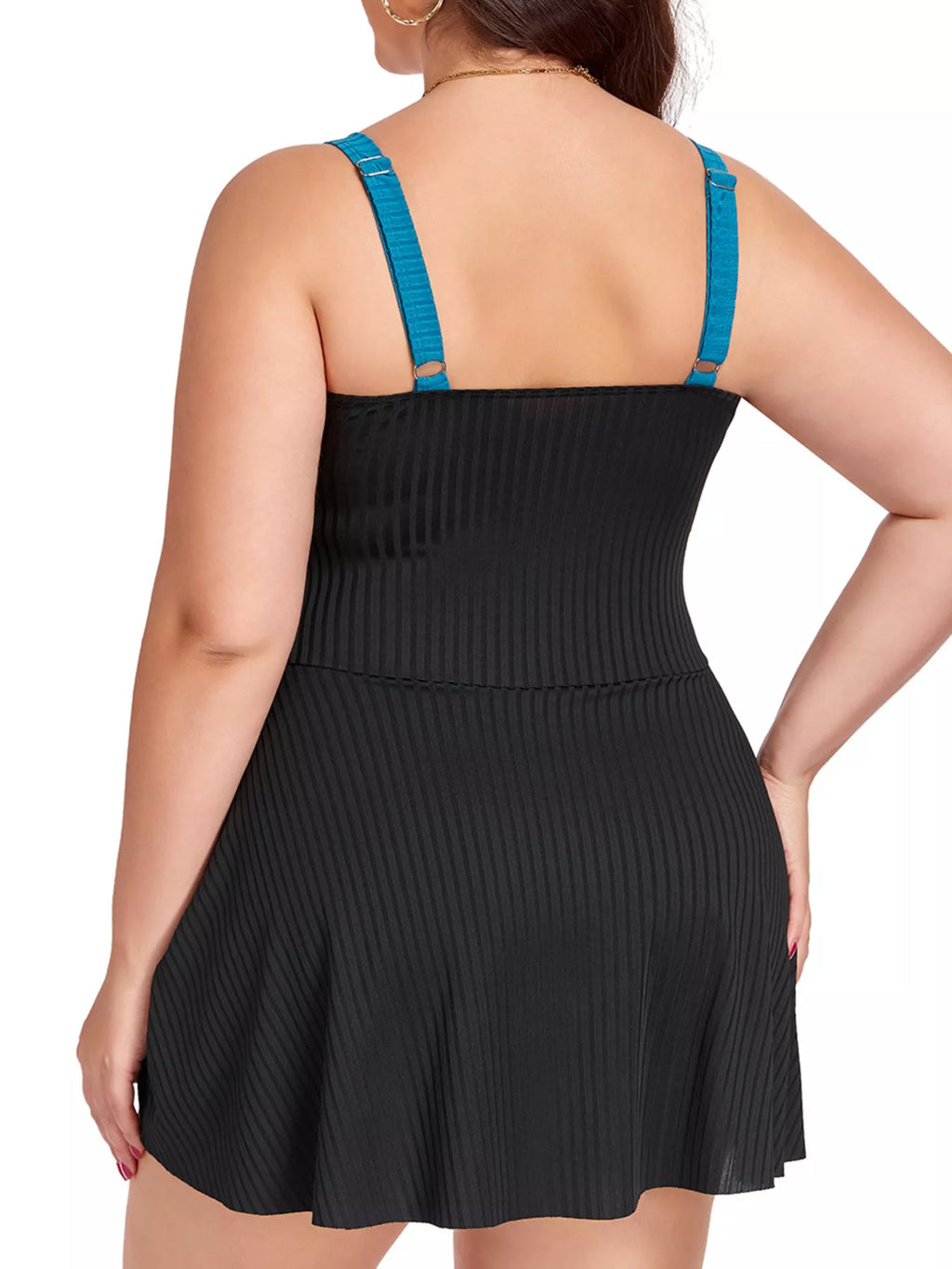 Plus Size ruched one-piece swim dress, black back with teal shoulder straps
