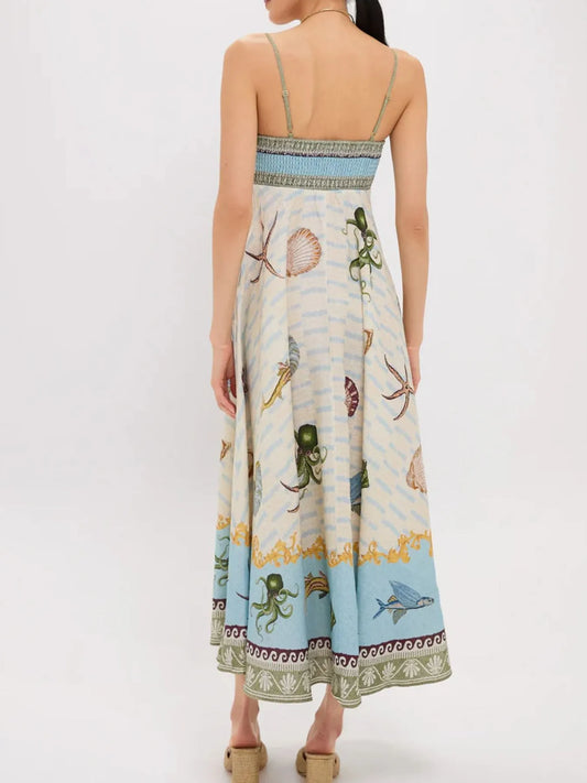 Ocean Print Spaghetti Strap Midi Dress - Tigbul's Variety Fashion Shop