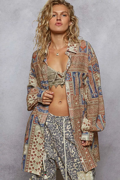POL Printed Button Down Balloon Sleeve Shirt - Tigbul's Variety Fashion Shop