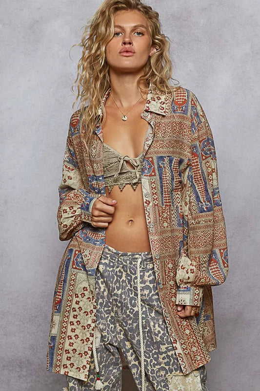 POL Printed Button Down Balloon Sleeve Shirt - Tigbul's Variety Fashion Shop