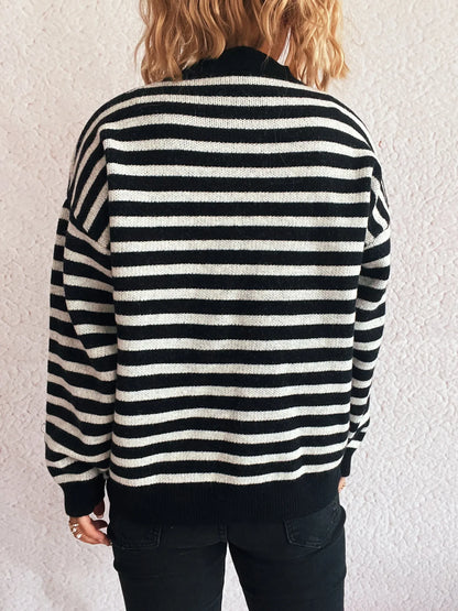 Striped Mock Neck Long Sleeve Sweater - Tigbul's Variety Fashion Shop
