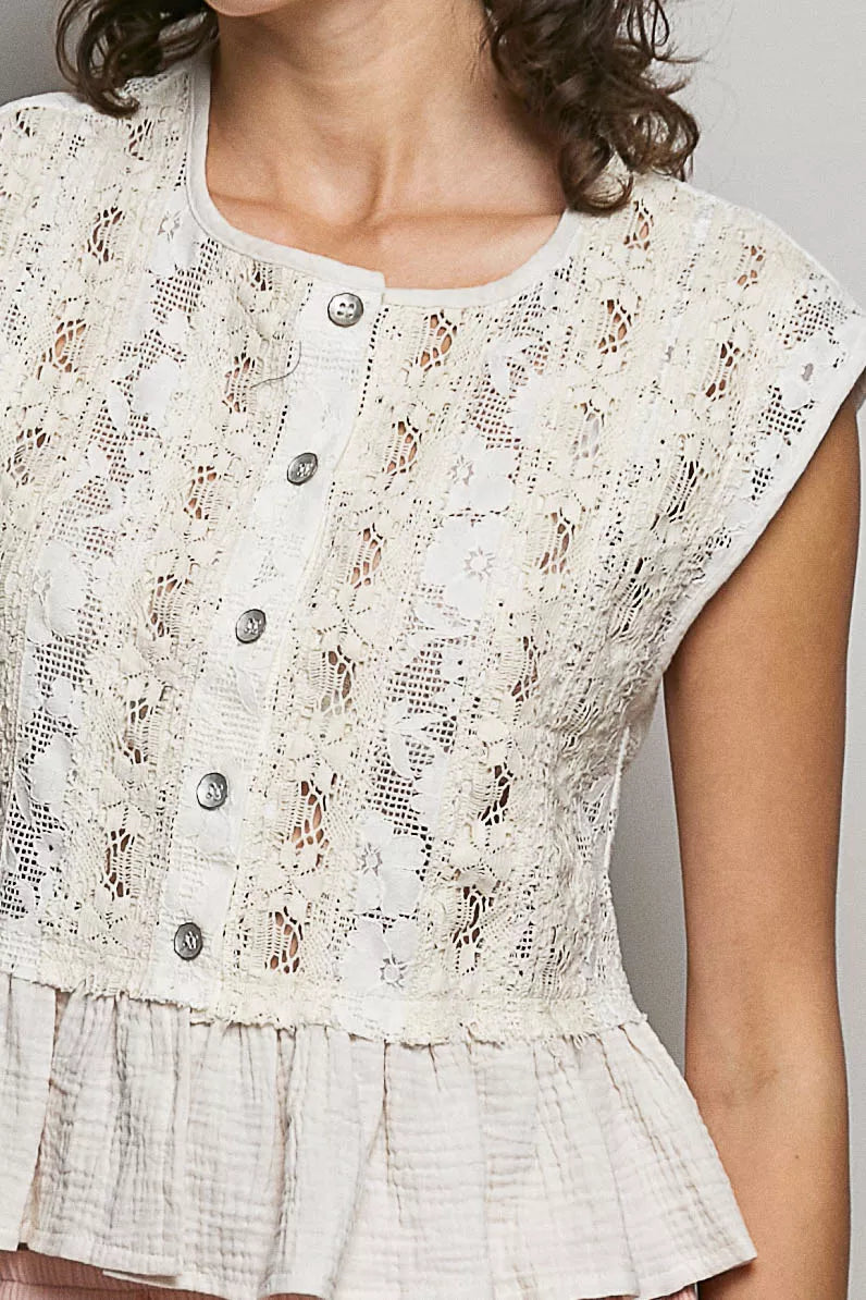 POL Round Neck Lace Sleeveless Top with Double Gauze Ruffle | Tigbuls
