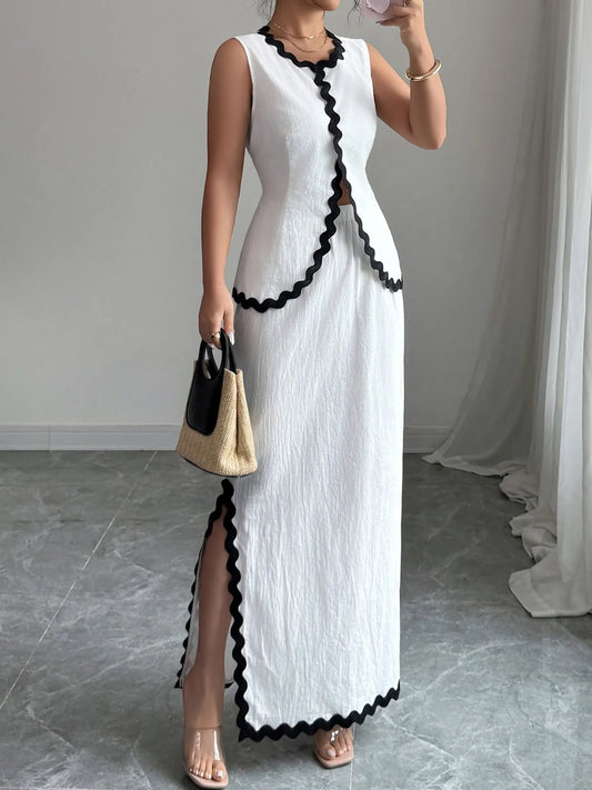 Contrast Scalloped Trim Sleeveless Top and Skirt Set - Tigbul's Variety Fashion Shop