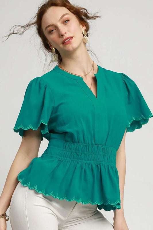 Umgee Scalloped Edge Flutter Sleeve Blouse - Tigbul's Variety Fashion Shop