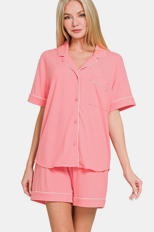 Zenana Button Down Short Sleeve Top and Shorts Lounge Set - Tigbul's Variety Fashion Shop