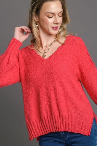 Red Dropped Shoulder Side Slit Sweater - Tigbul's Variety Fashion Shop