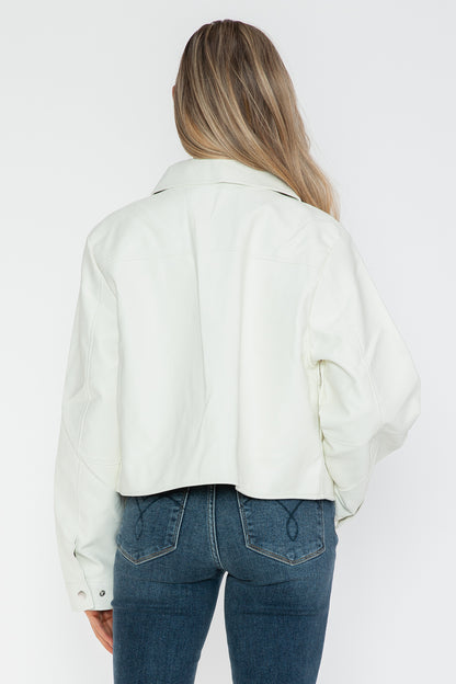 White Snap Down Long Sleeve PU Leather Jacket