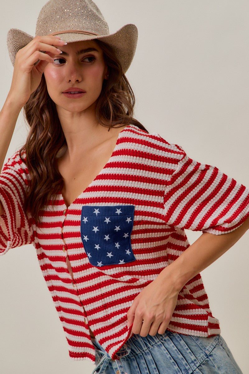 V-neck striped cardigan top with front buttons and blue star patch pocket detail