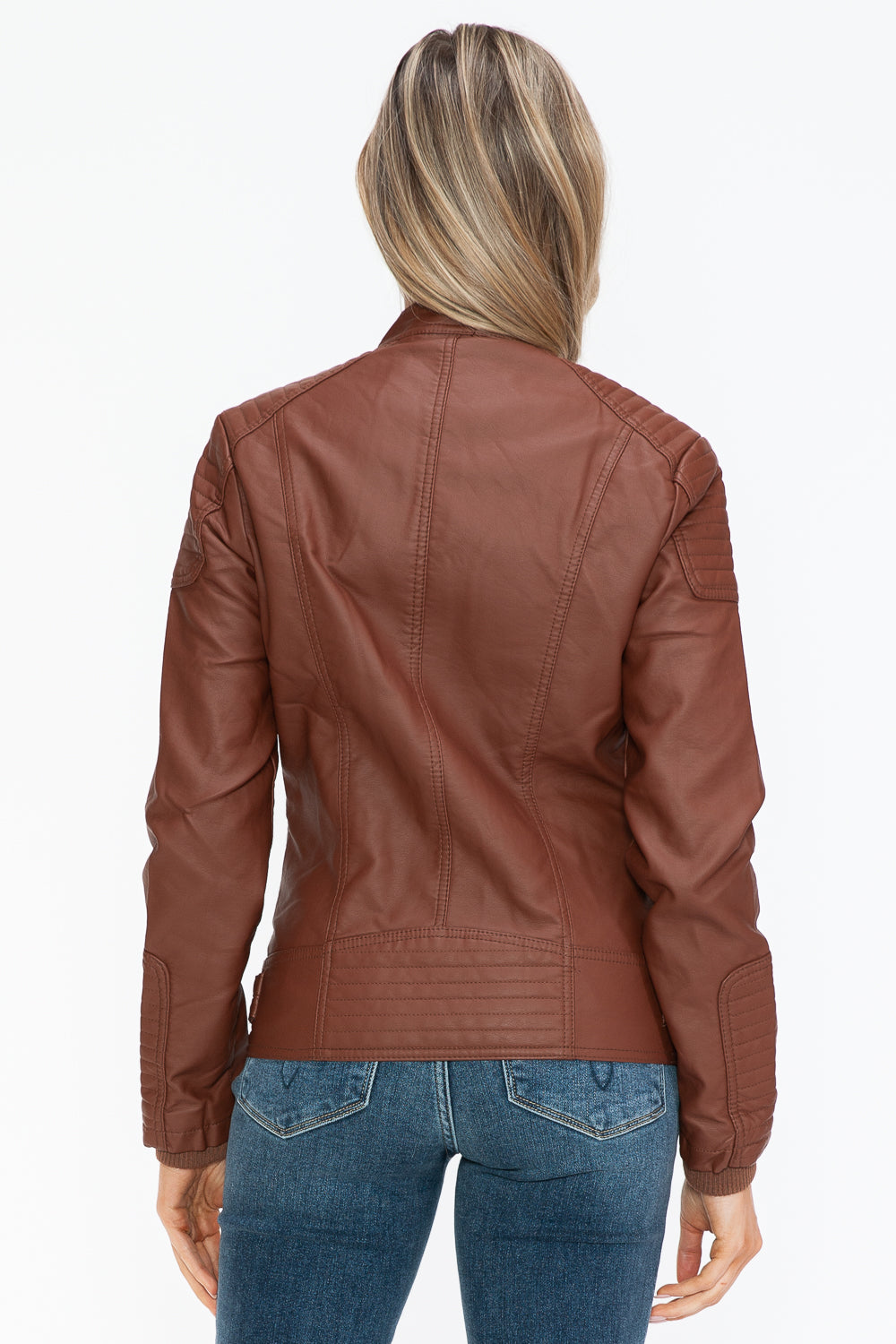 Brown Faux Leather Biker Jacket with Side Zip Pockets