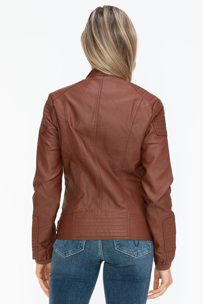 Brown Faux Leather Biker Jacket with Side Zip Pockets