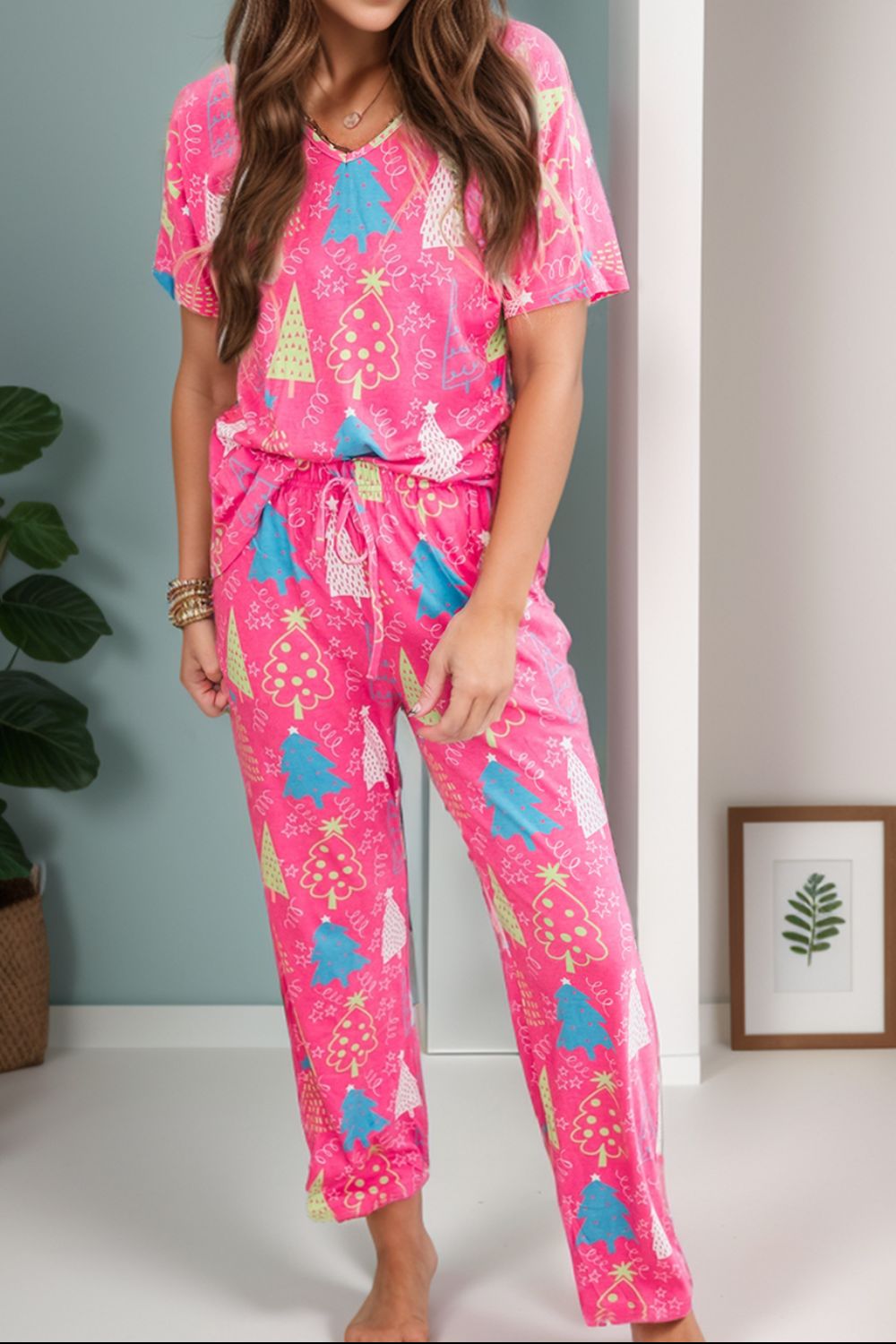 Printed V-Neck Short Sleeve Top and Pants Lounge Set - Tigbul's Variety Fashion Shop