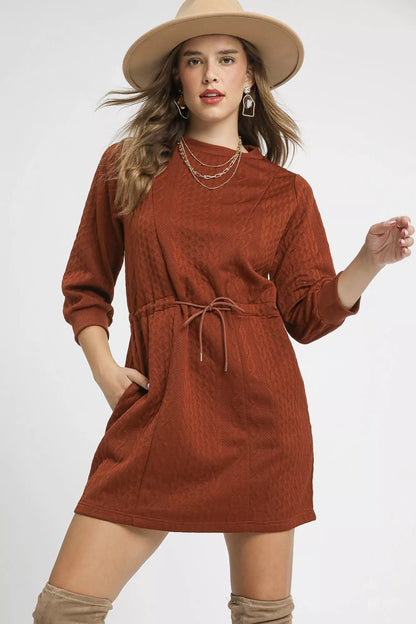 Rust Color Drawstring Cable Knit Mini Dress with Pockets - Tigbul's Variety Fashion Shop
