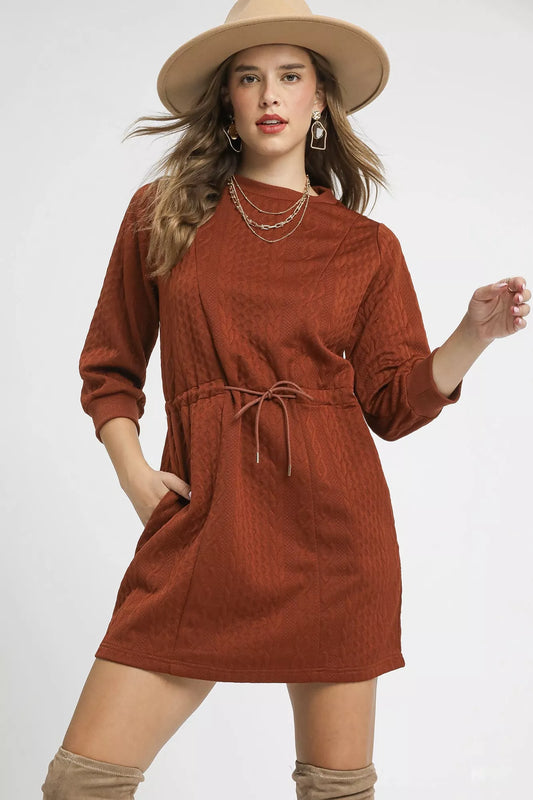 Rust Color Drawstring Cable Knit Mini Dress with Pockets - Tigbul's Variety Fashion Shop