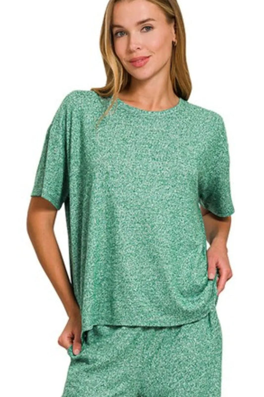 Zenana Soft Melange Short Sleeve Tee & Long Pants Set - Tigbul's Variety Fashion Shop