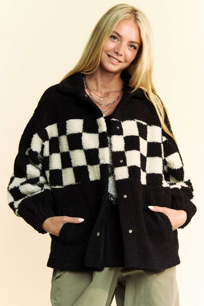 Davi & Dani Full Size Checkered Snap Down Faux Fur Jacket - Tigbul's Variety Fashion Shop