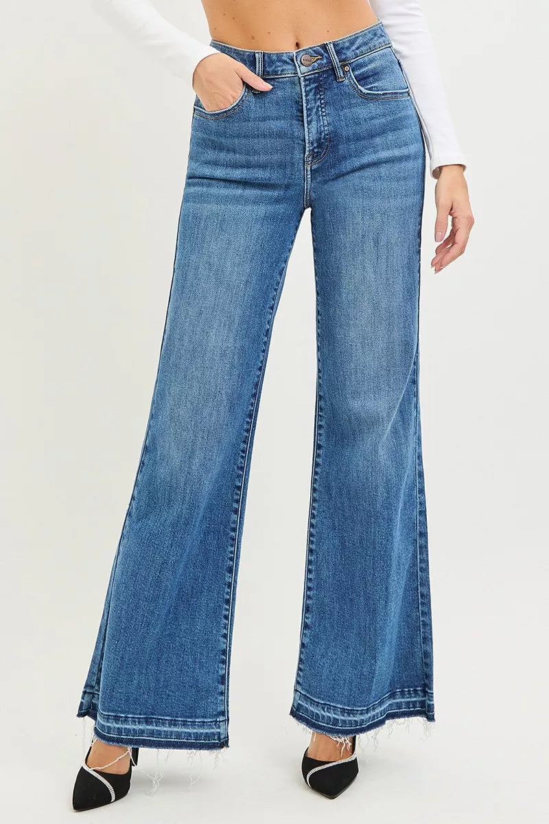 Medium-blue high-rise wide-leg jeans with button-front and zipper closure