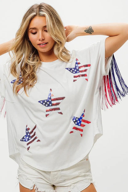 American Flag Sequin Star Fringe Top - Tigbul's Variety Fashion Shop
