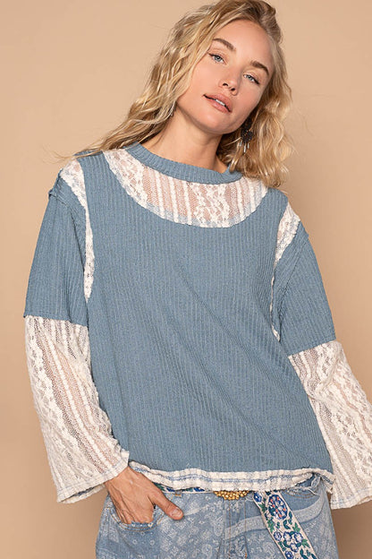 POL Lace Panel Round Neck Long Sleeve Top - Tigbul's Variety Fashion Shop