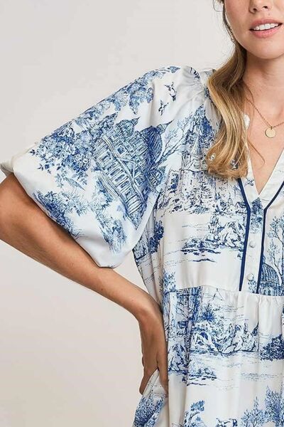 Blue Two Tone Landscape Print Dress - Tigbul's Variety Fashion Shop