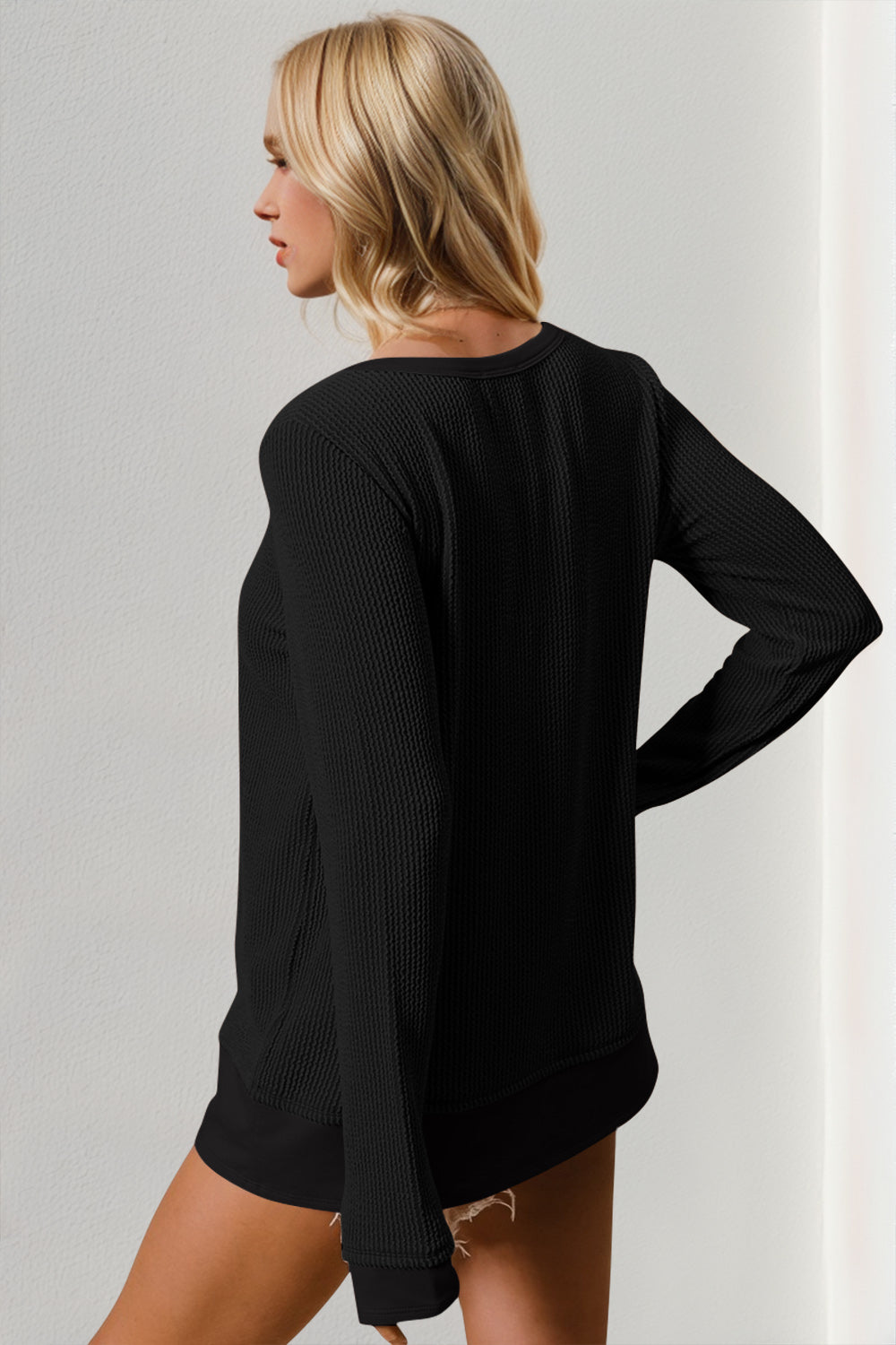 Double Take Corded Rib Thumbhole Cuff Round Neck T-Shirt - Tigbul's Variety Fashion Shop