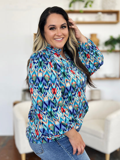 Blue Printed Balloon Sleeve Blouse Small up to 3XL - Tigbul's Variety Fashion Shop